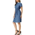 thumbnail image 5 of Allegra K Women's Pan Collar Button Down Belted Short Sleeve Denim Shirt Dress, 5 of 7