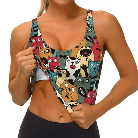 Qokaie Different Cats 1 Pattern Womens Scoop Neck Sports Bra Breathable Workout Vest Padded U Back Medium Impact Fitness Gym Yoga Bra Workout Crop Top