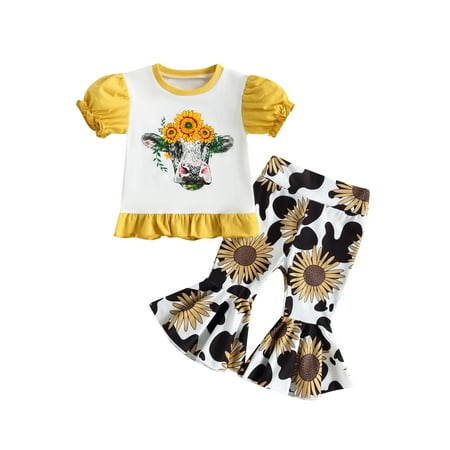

Baby Girls Summer Outfits Cow Head Sunflower Print Short Sleeve T-shirt and Elastic Flare Pants Set（0-24Months，2-3Years）