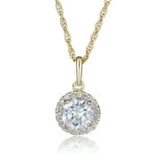 AVORA 10K Yellow Gold April Birthstone- White Sapphire with Simulated Diamond CZ Halo Pendant Necklace with 18" Chain