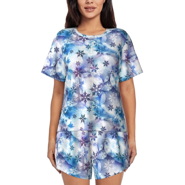 Fotbe Icy Blue Snowflakes Conjunto de Pijama Estampado para Mujer, 2 Piezas, Ropa de Dormir con Camiseta de Manga Corta y Shorts Suaves-3X-Large