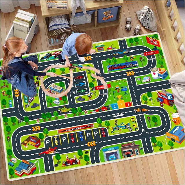 Kids Rug Car Play Rug, Kids Racing Game Carpet Toy Car Game Carpet Suitable for Playroom Classroom Bedroom