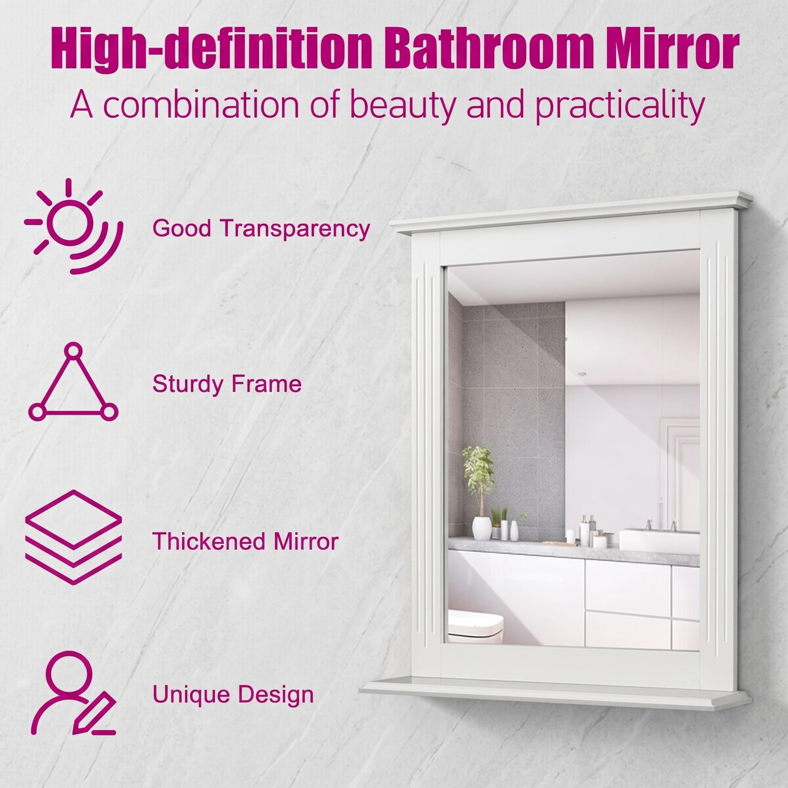 ALPULON Wall-Mounted Multipurpose Vanity Mirror with Shelf, MDF Framed Bathroom Wall Mirror with Storage Shelf for Entryway Bedroom Living Room Hotel, 22.5 x 27, White