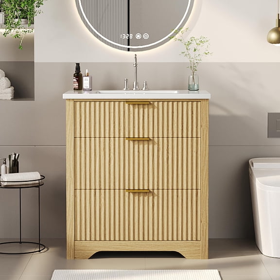 Garvee Modern Farmhouse Fluted Bathroom Vanity with Washbasin – Freestanding Wooden Cabinet – 2 Drawers & Rotate-style-Down Drawer – Easy Assembly & Cleaning – 30 Inches – Wood Color