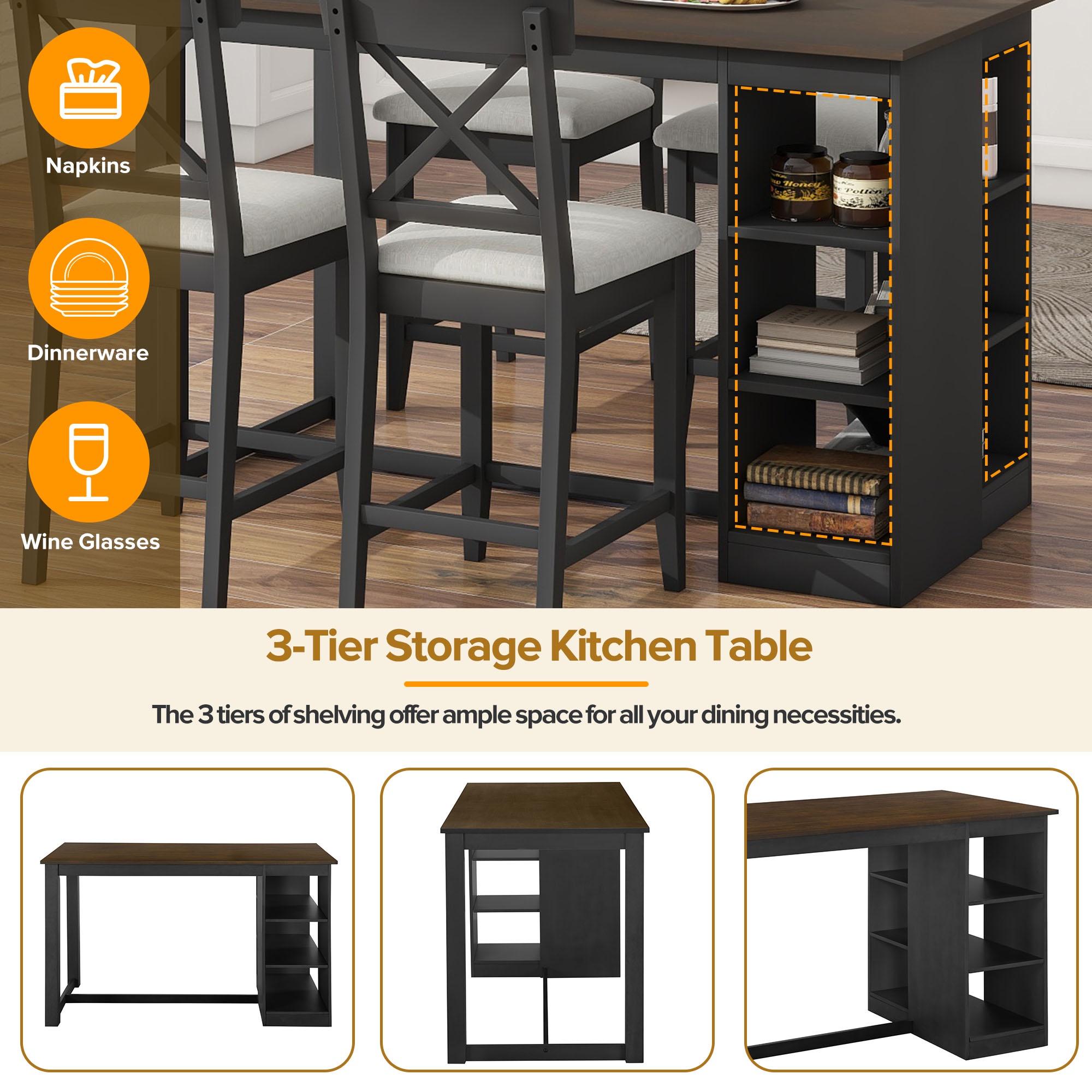 PORKISS 5 Piece Dining Table Set, Solid Wood Dining Table with 3-tier Storage Shelves, 4 Upholstered Chairs for Dining Room Kitchen Apartment, Gray