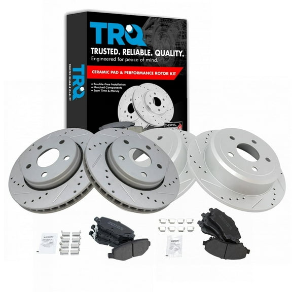 TRQ Front and Rear Performance Brake Pad & Rotor Kit Brake Pads Brake Rotors Set Semi-Metallic Premium G-Coated Fits Select 2007-2017 Jeep Wrangler 2018 Wrangler JK