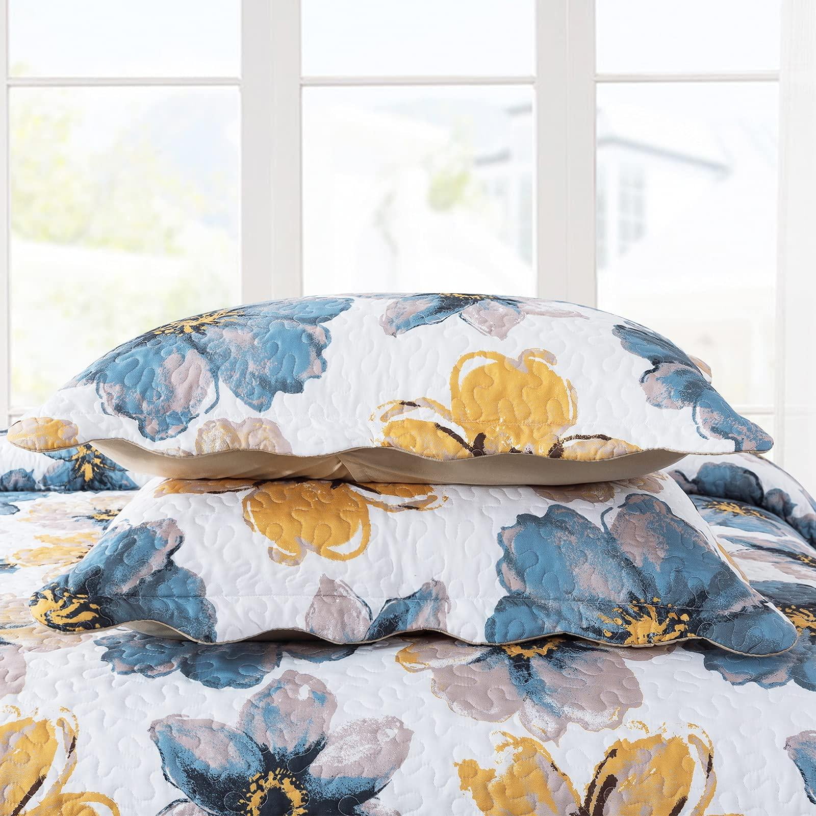 WannaToo Quilts King Size - 3 Piece Microfiber Quilt set Reversible Bedspreads Patchwork Coverlets Floral Bedding Set All Season, Blue and Glod