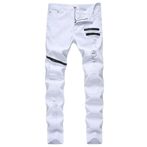 SWSMCLT Men's Slim Fit Jeans Mid Rise Ripped Denim Pants Zipper Trousers Distressed Chic Denim White 34