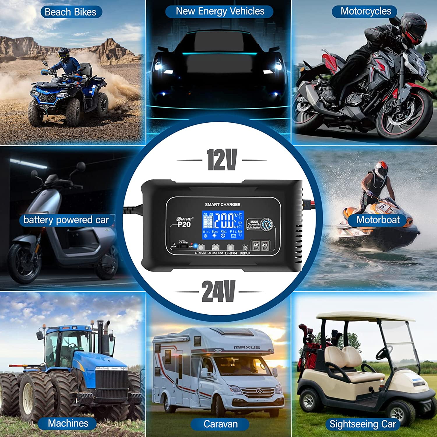 20-Amp Smart Battery Charger,Lithium,LiFePO4,Lead-Acid(AGM/Gel/SLA..) Car Battery Charger,Trickle Charger, Maintainer/Deep Cycle Charger,12V/20A and 24V/10A,for Boat,Motorcycle,Lawn Mower,Golf Cart..