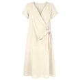 thumbnail image 7 of Women's Solid Color Wrap V Neck Midi Dress Short Sleeve Tie Waist Casual Vacation Dress with Pockets Beige M(M), 7 of 7