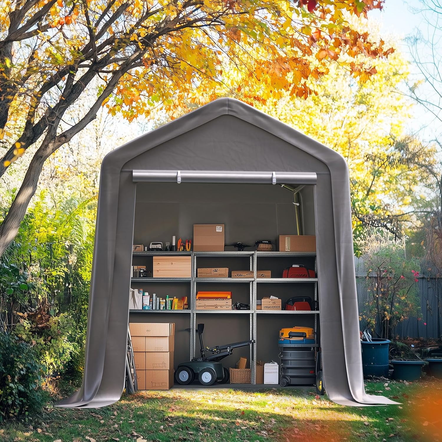 Quictent 6x8FT Carport Shelter with Roll-Up Mesh Windows & Reinforced Frame, Portable Garage Canopy for Motorcycle Storage, Silver Gray