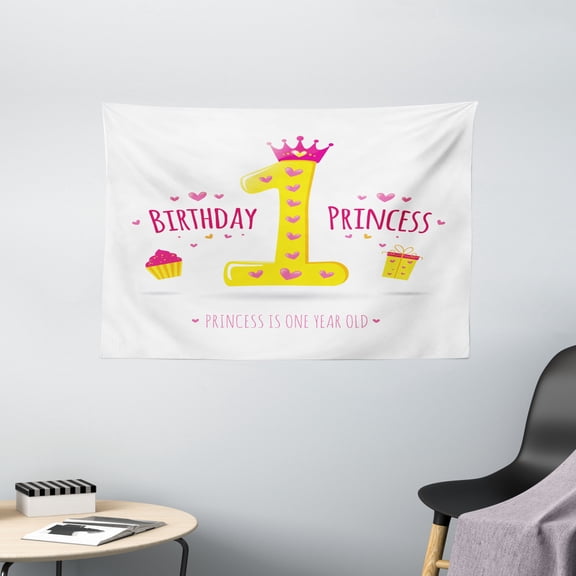1st Birthday Decorations Tapestry, Quote Design Princess Girl Theme Party with Hearts Image, Wall Hanging for Bedroom Living Room Dorm Decor, 60W X 40L Inches, Yellow and Hot Pink, by Ambesonne