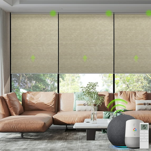 Yoolax Smart Motorized Cellular Shade Blackout Honeycomb Automatic Blinds Cordless Electric Blinds(100% Blackout Light Coffee,58"W x 72"H)