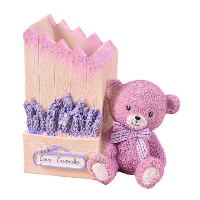 Portalápices de resina con diseño de oso lavanda, 13,5 x 7 x 12,5 cm