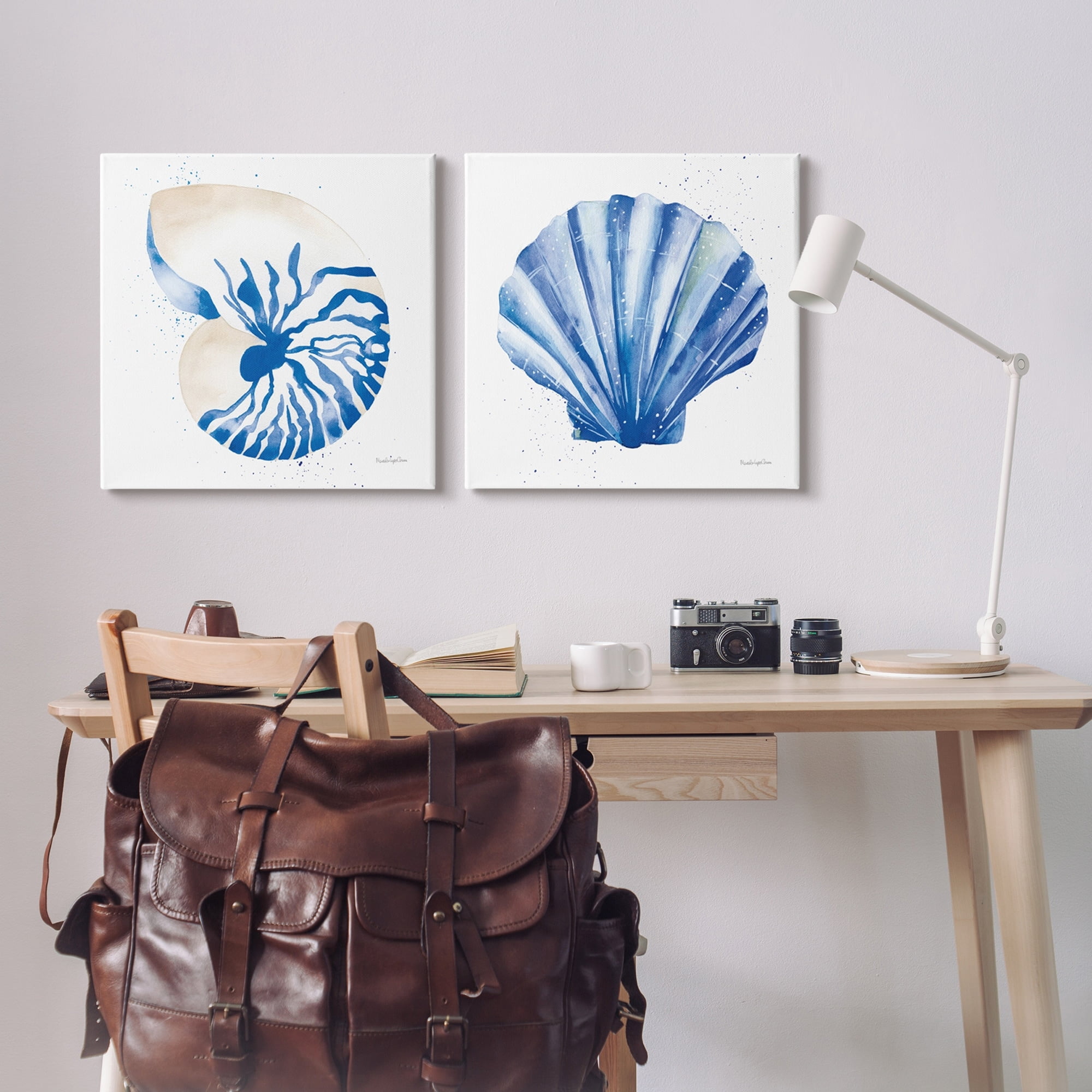 Stupell Industries Serene Blue Seashell Clam Simple Design Coastal Painting Gallery-Wrapped Canvas Print Wall Art Set of 2, 24 x 24, Design by Mercedes Lopez Charro