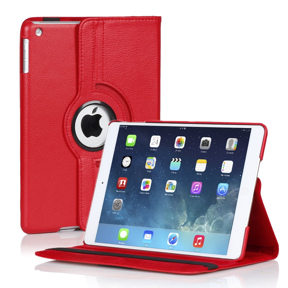 FREE Clear Screen Protector for iPad Mini,Red 360-degree Swivel Leather Case 