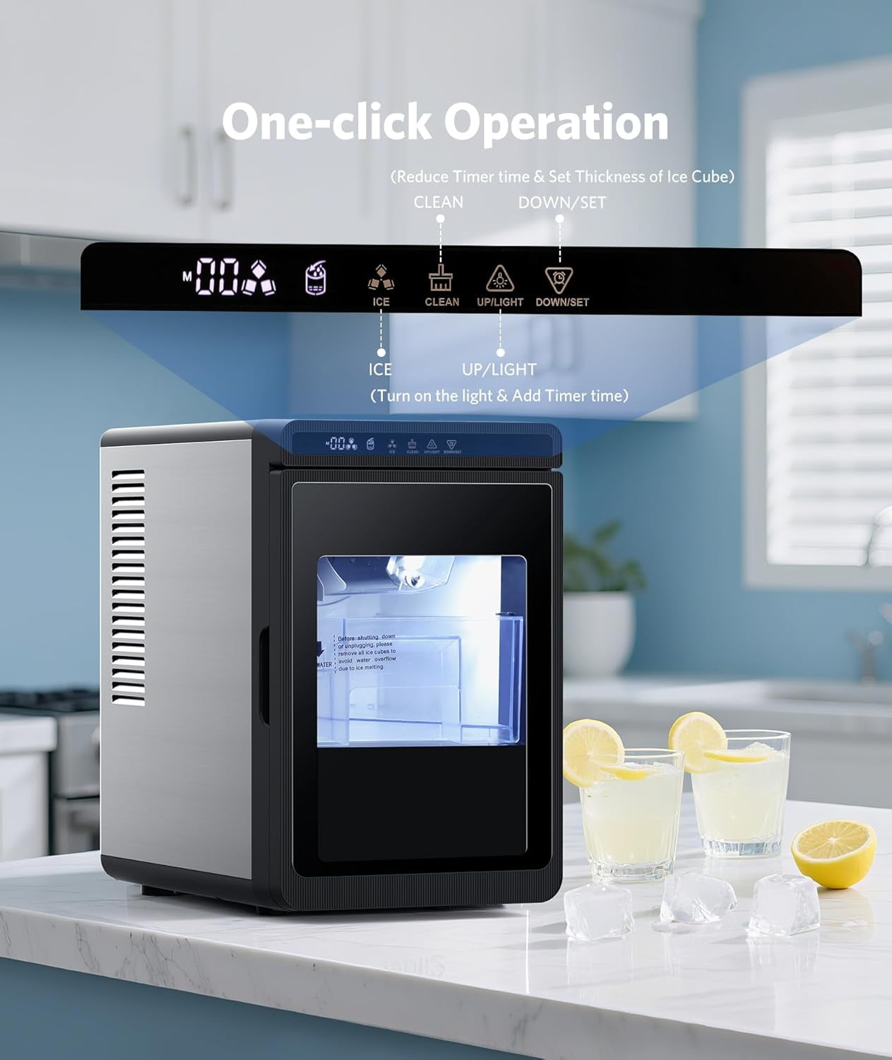Auseo Clear Cubic Ice Maker,9 Crystal Clear 1.6" Ice Cubes per Hour,Quiet Countertop Ice Machine with Self-Cleaning for Cocktails, Whiskey,24h Timer,ETL Listed