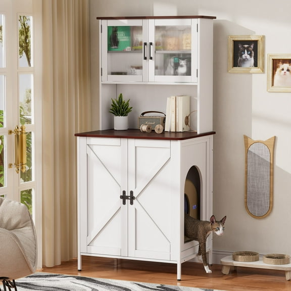 Linnnzi Cat Litter Box Enclosure, Large Wooden Hidden Litter Box Enclosure with Shelves and Doors, Refined Self-Cleaning Litter Box Furniture Cabinet, White ﻿