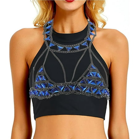 CoCoMangos Sparkly Rhinestone Bra Chain Silver Crystal Chest Chains Blkini Sexy Nightclub Beach Party Rave Body Jewelry for Women