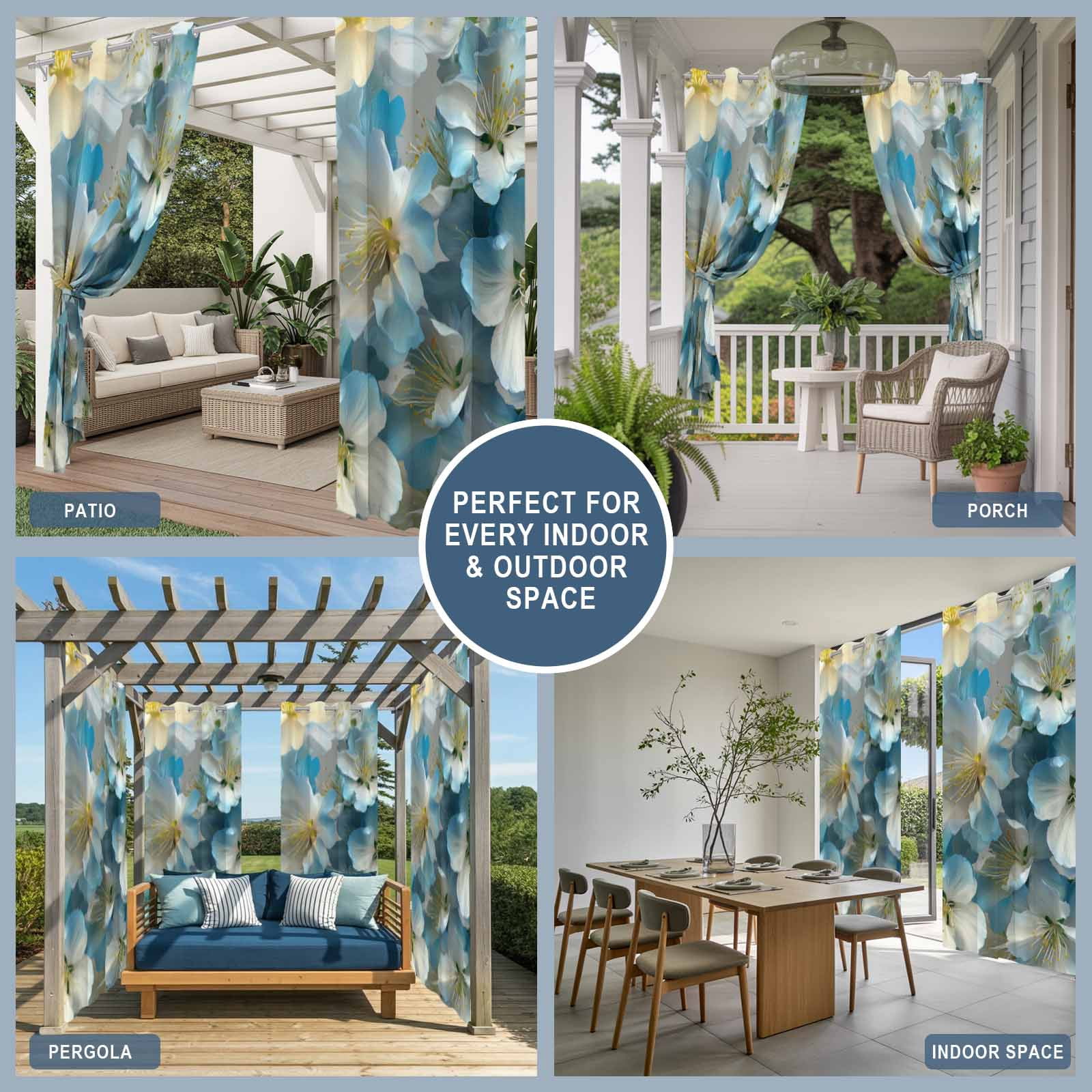White Floral Outdoor Curtains for Patio, Modern Minimalist White Blue Cherry Blossom Sunshade Privacy Drapes Grommet Waterproof Outside Curtains for Porch/Cabana/Balcony 54"x 108", 1 Panel