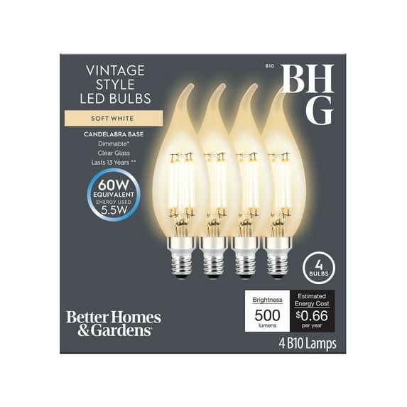 Better Homes and Gardens 5.5W (60W Equivalent) B10 Soft White LED Filament Light Bulbs, E12 (16 pack)