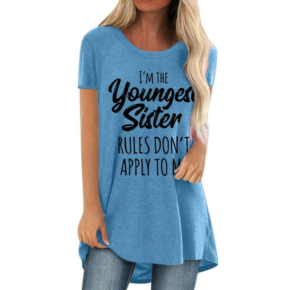 USSUMA T-Shirts for Women Trendy Funny Letter Print Women's Shirts and Blouses Short Sleeve Female Tops Dressy Casual Summer Youngest Sister Loose Long Crewneck Plus Tunics Beach