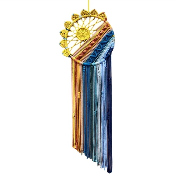 Colgante de Pared Bohemio de Macramé, Arte de Pared con Amanecer y Atardecer, Tapiz con Borlas Hecho A Mano, Decoración Tejida para Dormitorio, Sol