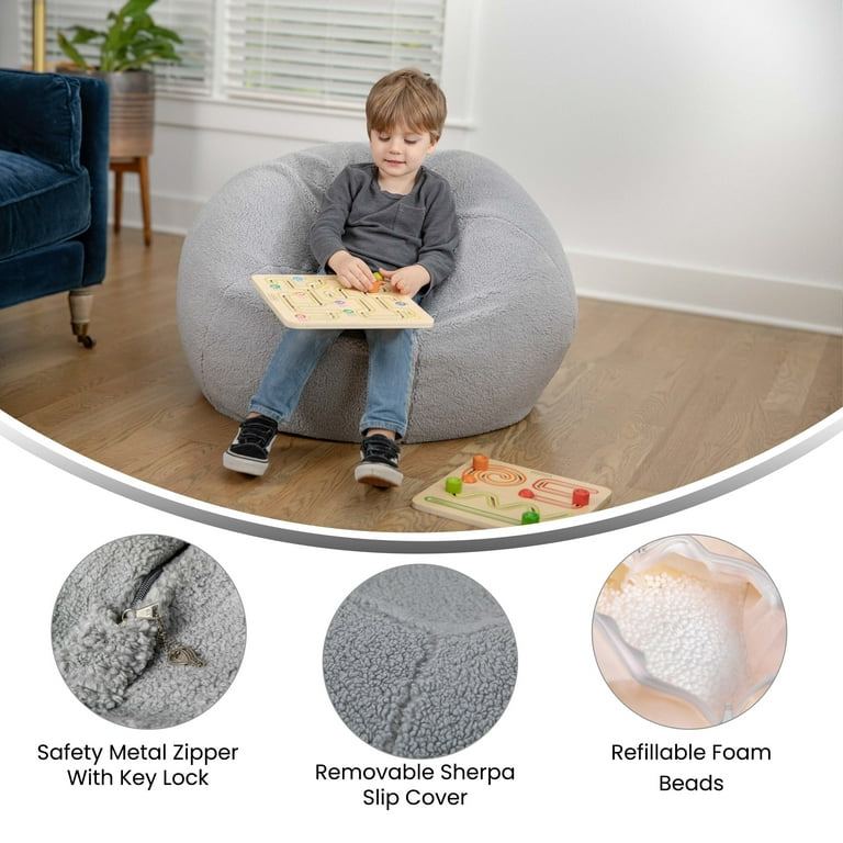 Emma Oliver Small Gray Faux Sherpa Refillable Bean Bag Chair for Kids and Teens