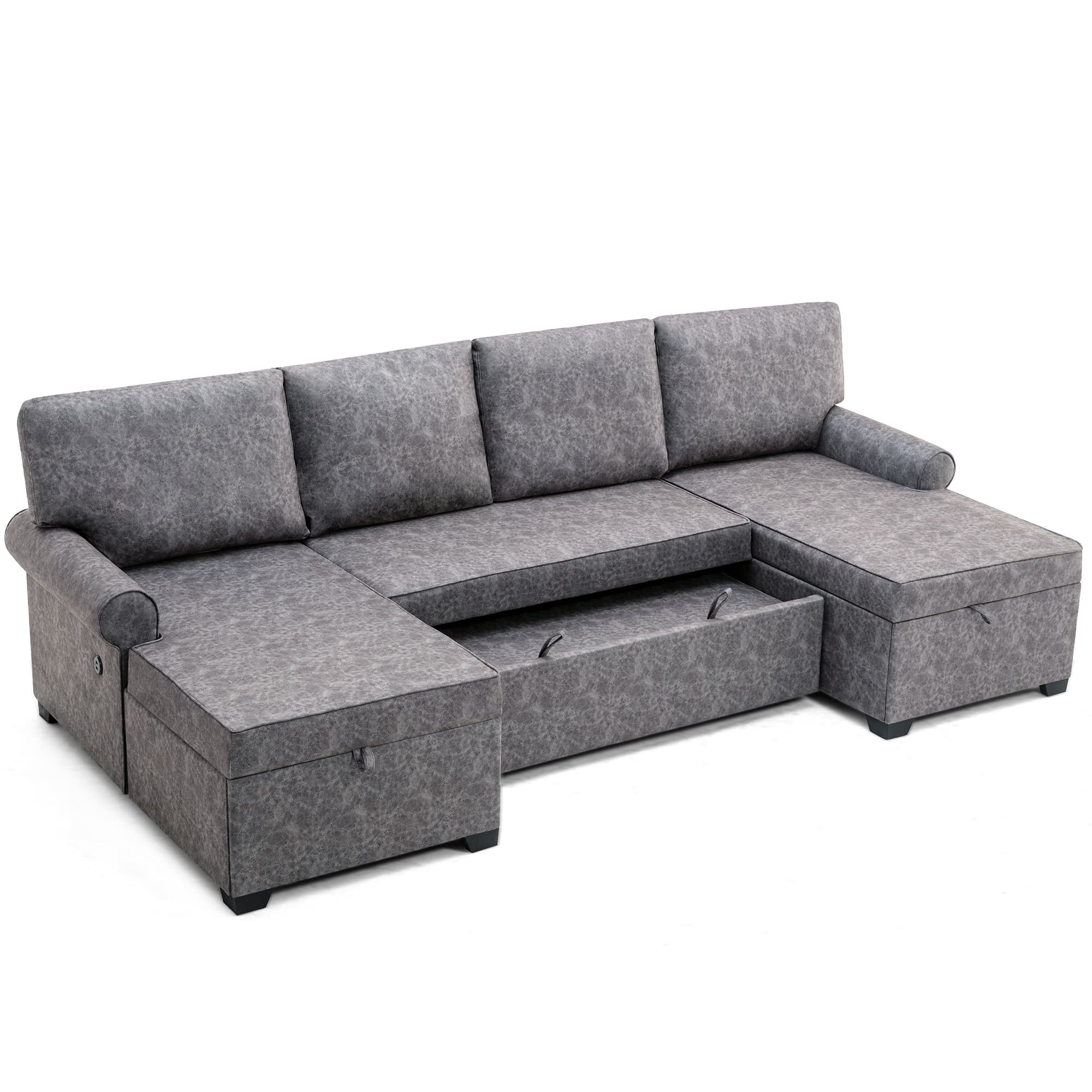 Furntsy UShaped Polyester Sofa Bed with Reversible Chaise Lounges