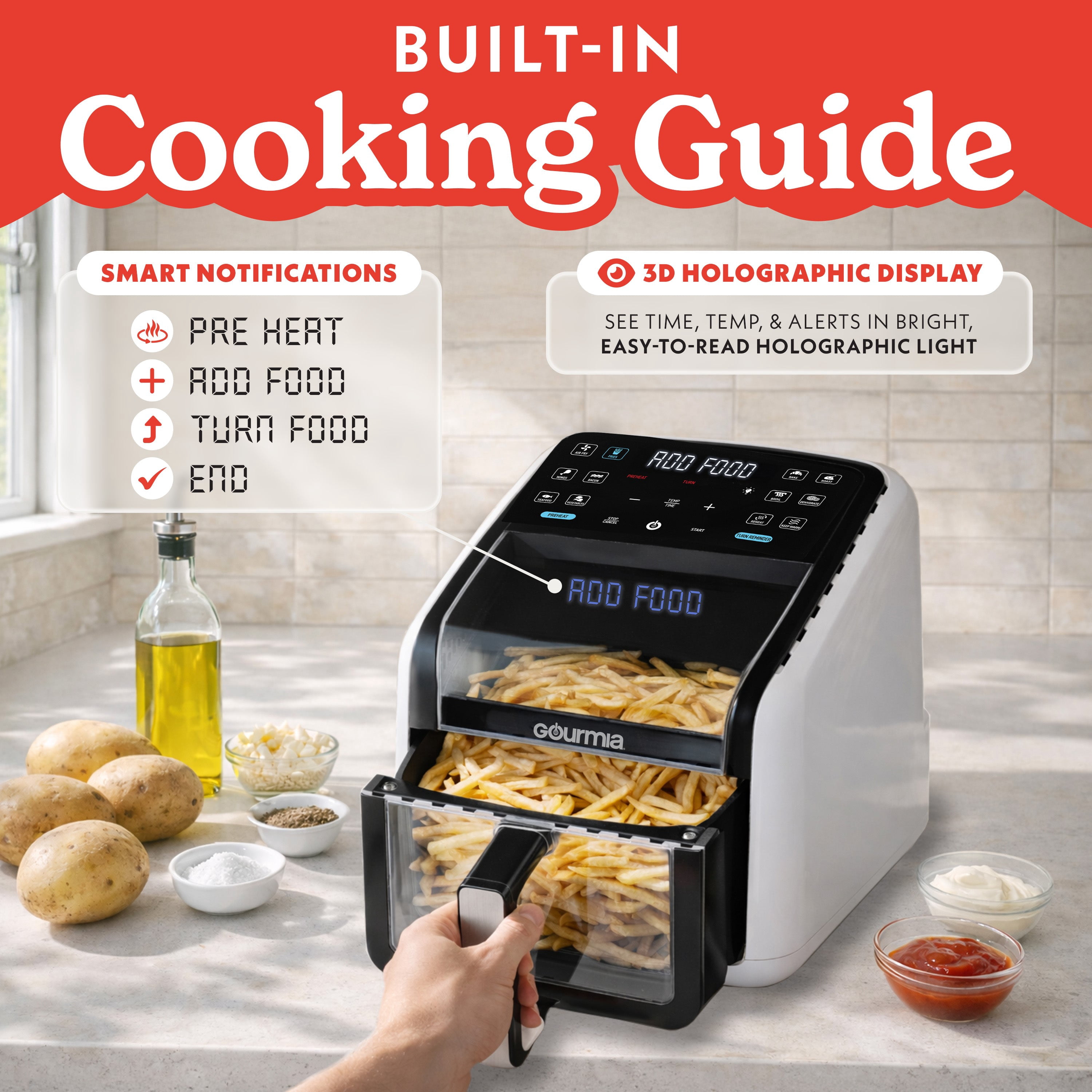 Gourmia Panorama 7-QT Digital Air Fryer with Panoramic View, Holographic Display, & 12 Presets, White