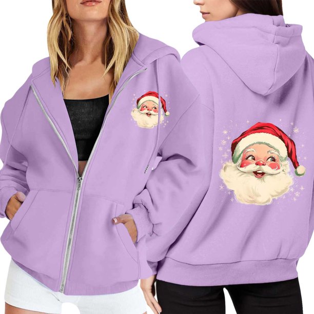 WILLBEST Sudadera Larga para Mujer, con Estampado Navideño, Cremallera, Manga Larga, Bolsillo y Cordón Ajustable X-Grande
