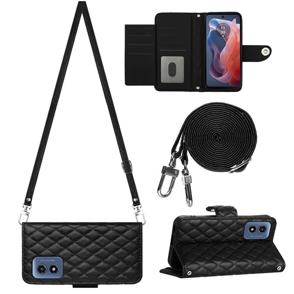 for Motorola Moto G Play 4G 2024 Wallet Case, Elegant Card Holder Cash Slot PU Leather Kickstand Shoulder Strap Shockproof Protective Flip Women Girls Case Cover for Moto G Play 4G 2024, Black