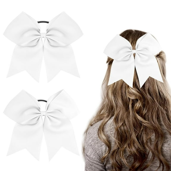 2PCS Large Cheer bows, Hair Bows Hair Clip Ponytail Holder Elastic Band Handmade for Cheerleaders Teen Girls College Sports White Cheerleading Bow Christmas Hair Accessories 8 Inch (white)