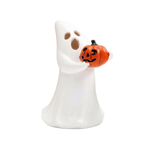 Halloween Decorations, Ghost Resin Figurines Holding Skeleton and Pumpkin, Spooky Tabletop Centerpiece for Party Home Office Desk Shelf Display Ornament Gift Set of 2