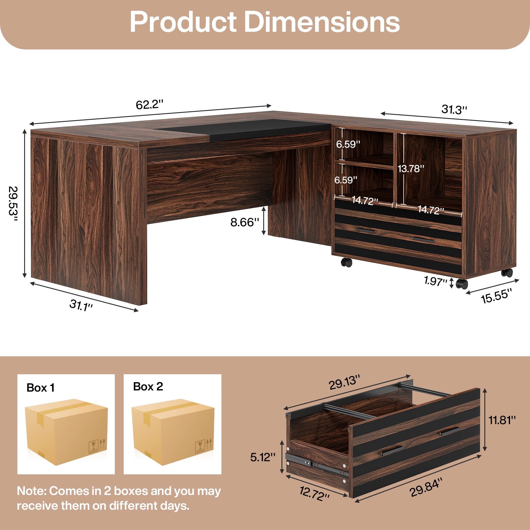 Tribesigns 62.2" Executive Desk with Mobile File Cabinet, L-Shaped Office Desk with Storage Shelves, Large Computer Desk Business Workstation Set for Home Office, Dark Brown