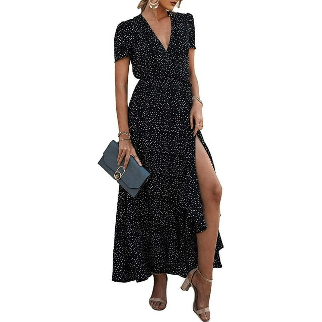 Robe Maxi d'Été pour Femmes Décontractée Boho Florale Col en V Manches Courtes Ourlet à Volants Fendue Robes Longues de Plage TG