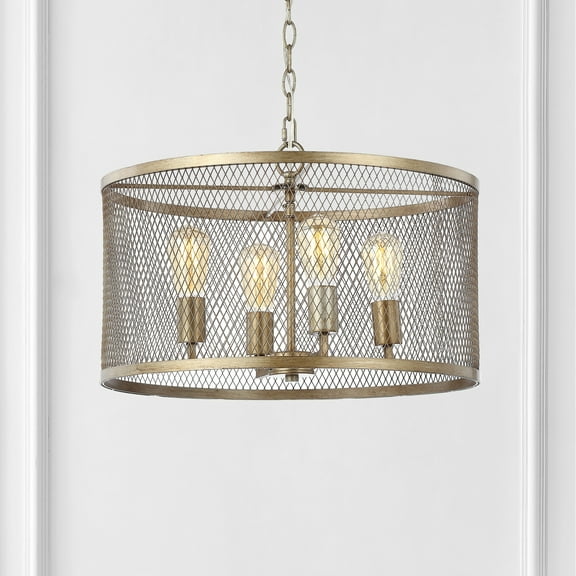 JONATHAN Y Pen 4-Light 20" Iron Adjustable Industrial Mesh LED Pendant, Gold
