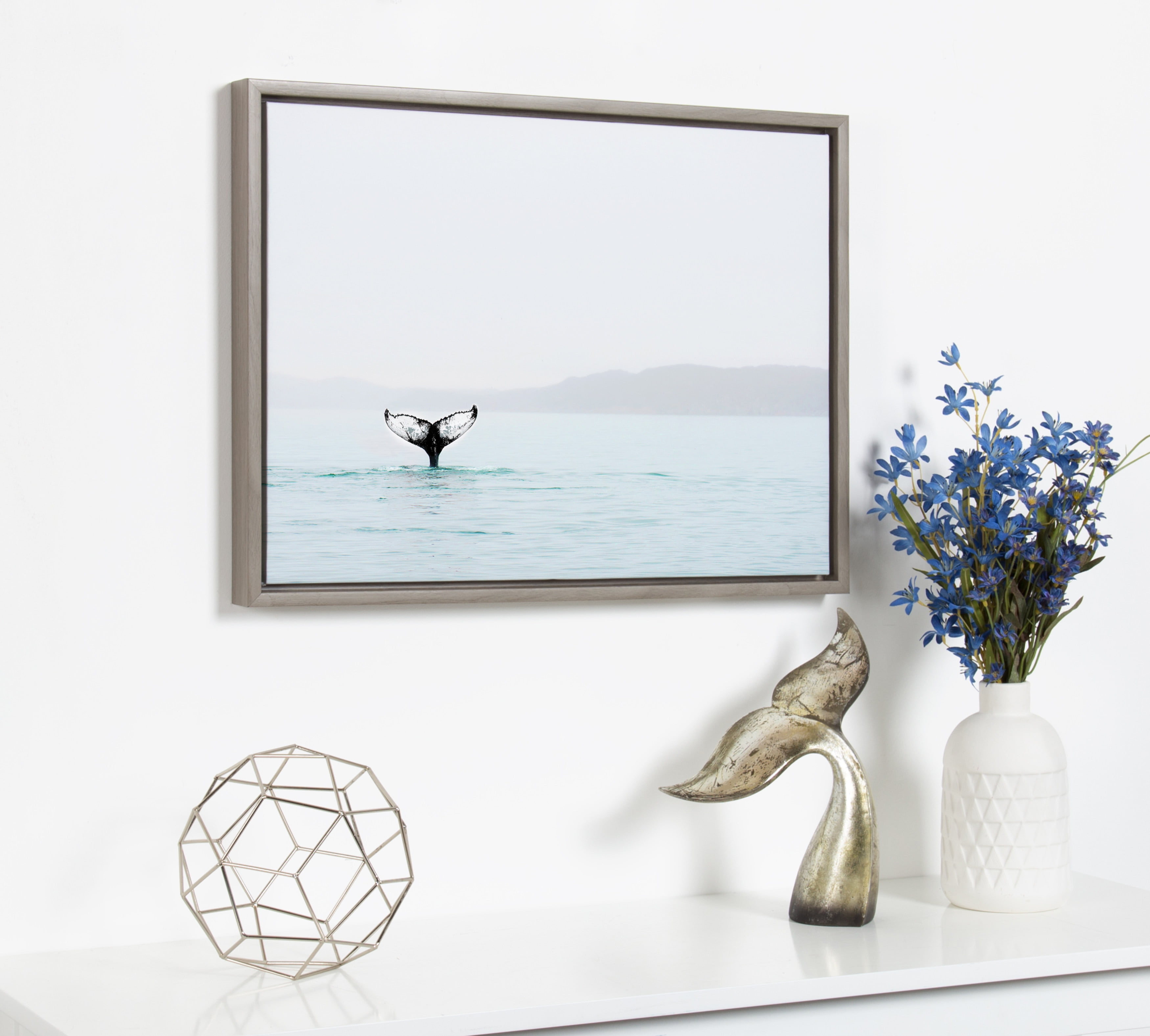 Kate and Laurel Sylvie Whale Tail in the Ocean Color Photography Framed Canvas Wall Art by Amy Peterson, 18x24 Gray