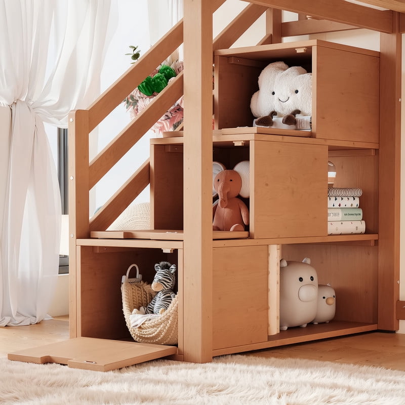 Twin Size Kids/Teens Loft Bed with Storage Staircase, Slide & Wardrobe, Princess Bed Frame with Curved Guardrail