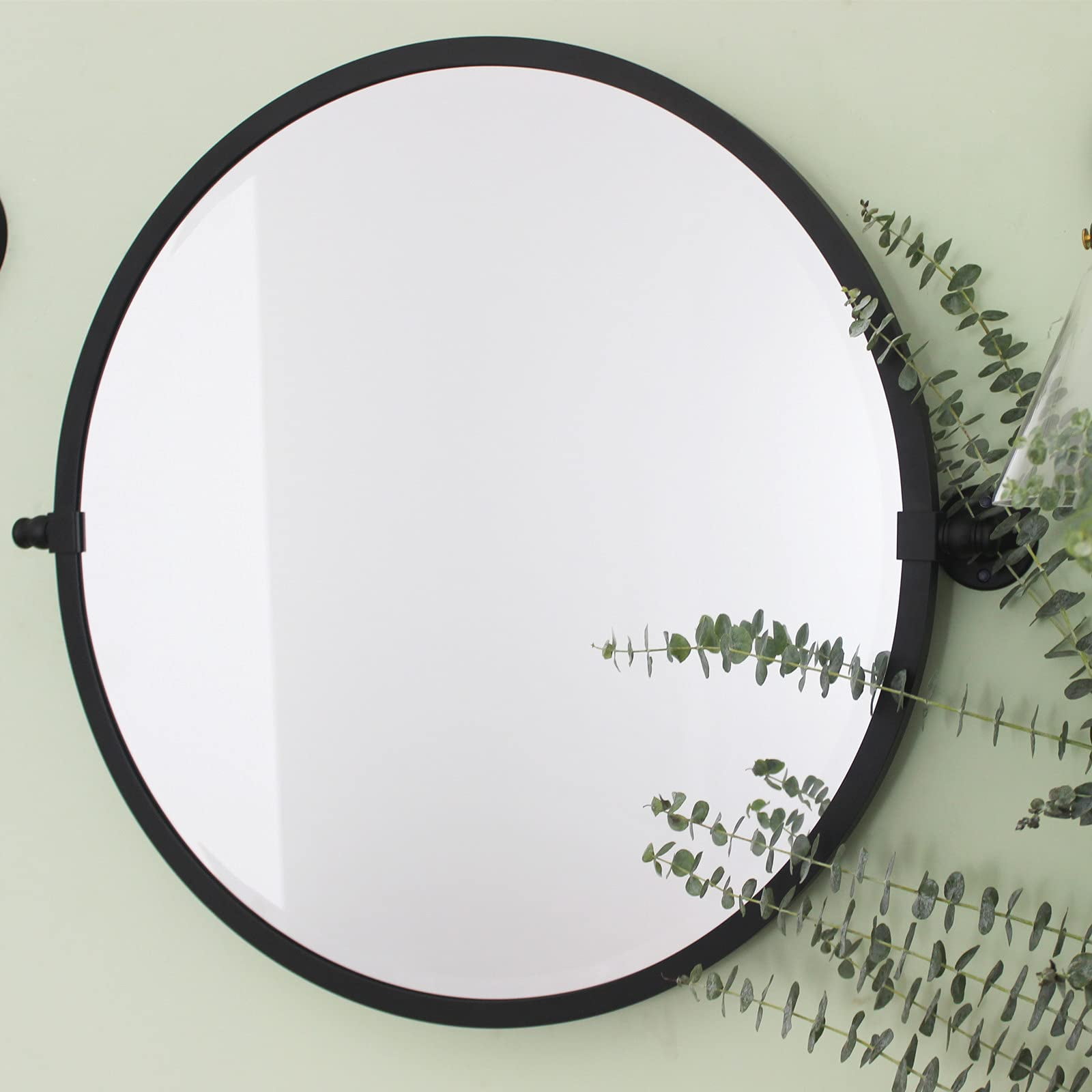 TEHOME Matt Black Metal Frame Round Tilting Bathroom Mirror 26x3x26