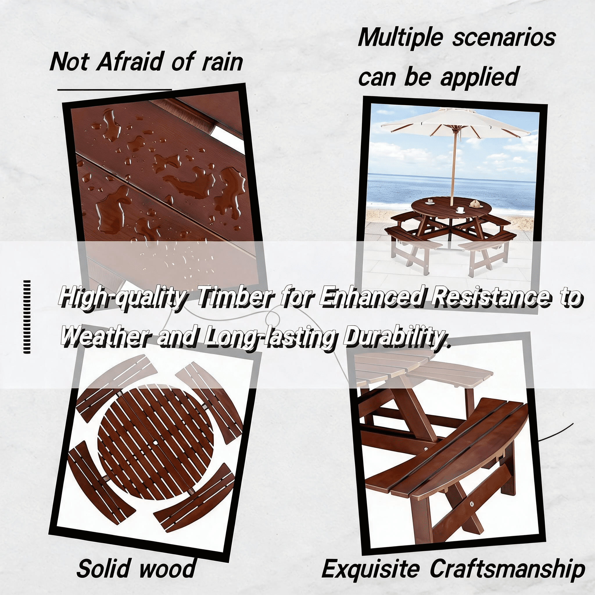 Brown 8‑Person Round Outdoor Picnic Table with 4 Built‑in Benches, Weather‑Resistant Waterproof Wooden Table Set with 2" Umbrella Hole for Garden Backyard Patio Porch