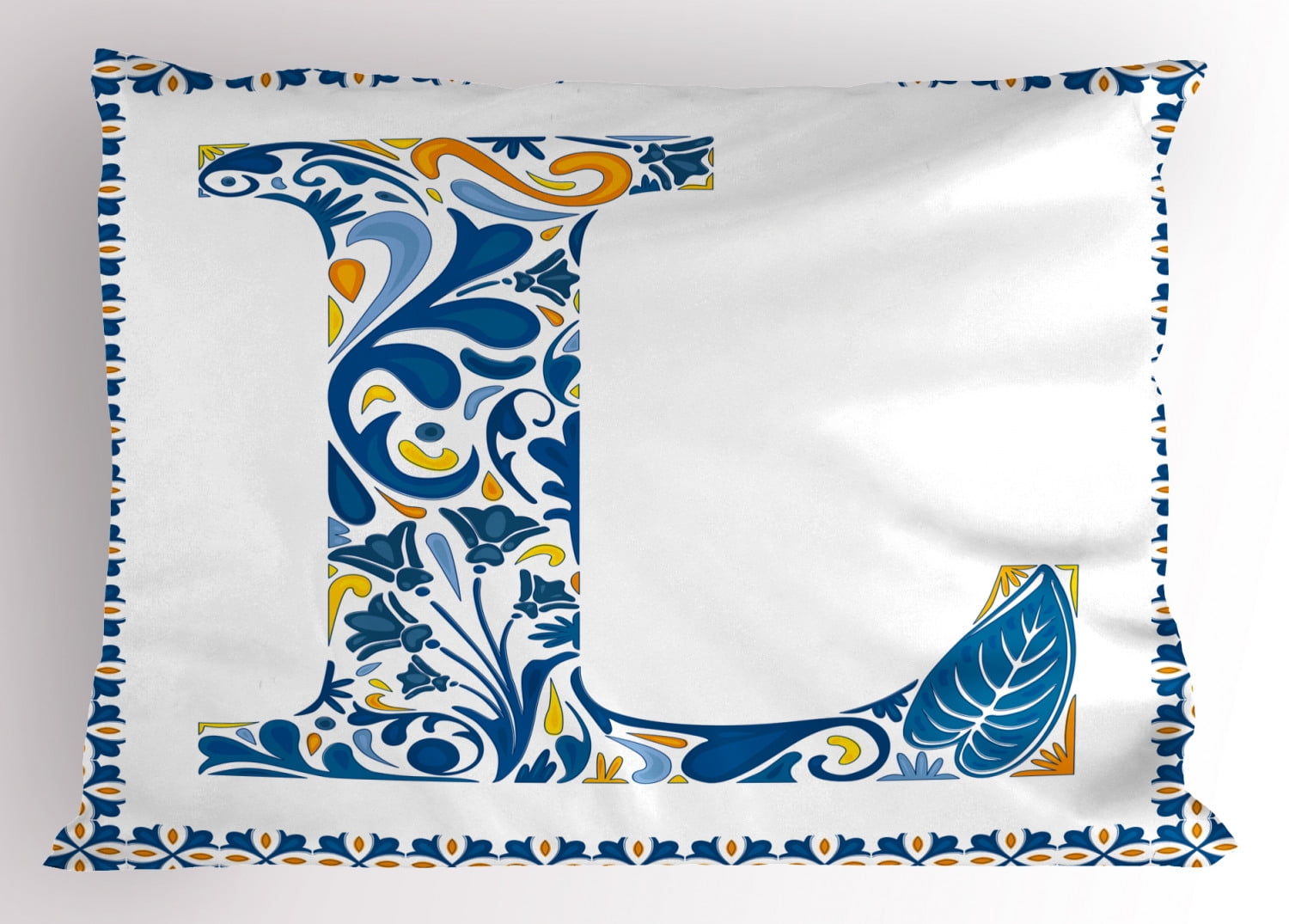 Letter L Pillow Sham Capital L in Traditional Portuguese Art Abstract