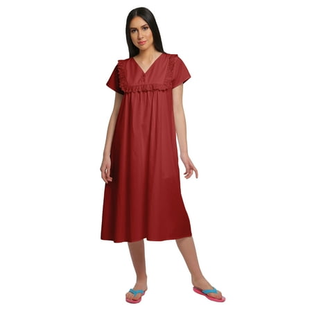 

Moomaya Solid Short Sleeve Nightdress For Ladies Button Placket Nightwear