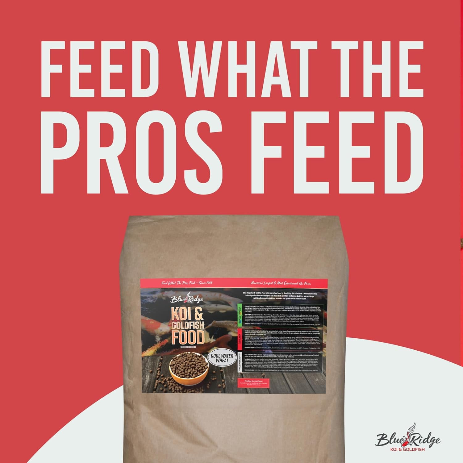 Blue Ridge Koi Fish Food 50lb - Koi Food 3/16” Cool Water Wheat, Goldfish Food, Premium Fish Food for Ponds, Ponds Fish Food, Koi Food Fall and Winter Fish Food, Floating Pond Pellets