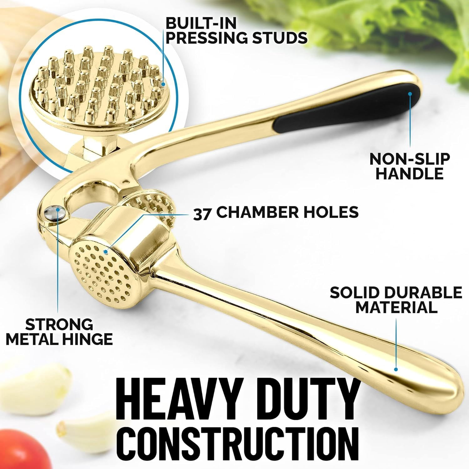 Kitchen Premium Garlic Press with Soft Easy to Squeeze Handle Includes Silicone Garlic Peeler and Cleaning Brush 3 Piece Garlic Mincer Tool Sturdy Easy to Clean Garlic Crusher Gold