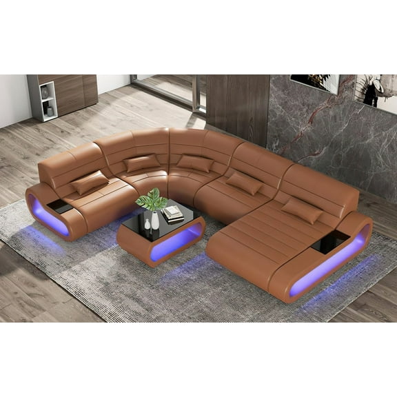 MofitHome, Catina Leather Curve Shape Sectional, Living Room, Brown, Italian Leather, LED-lit Storage at Both Ends, Upgradeable to Multi-color Lights with Wireless Remote.