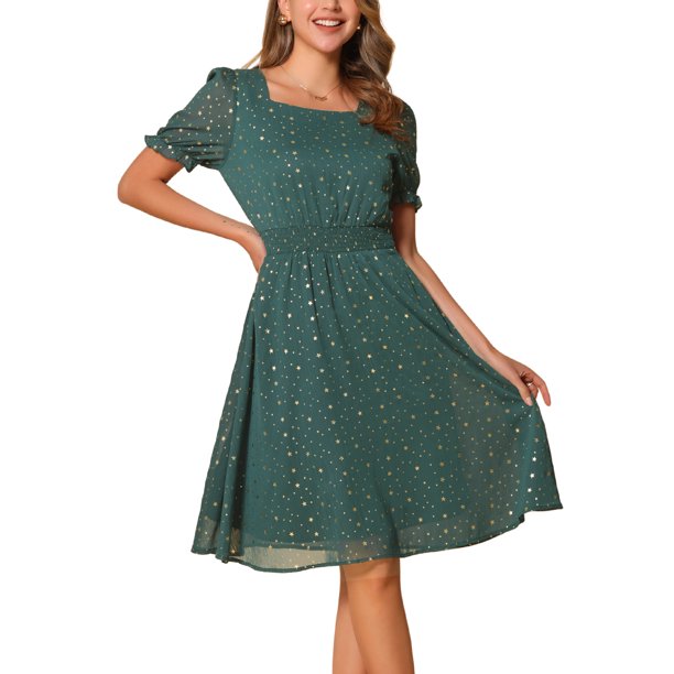 Vestido Midi A-Line de Manga Corta con Estrellas Metálicas para Mujer, Cuello Cuadrado, Cintura Elástica, XS Verde Oscuro