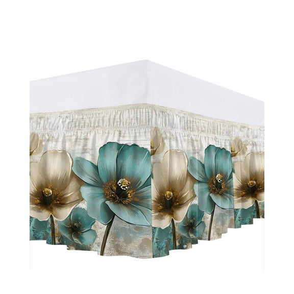 Retro Beige Teal Flowers Bed Skirt Vintage Background Pastoral Style Bed Skirts Queen Size 16 Inch Drop, Wrap Around Dust Ruffle Bedskirt with Adjustable Elastic Belt for Queen Size Beds
