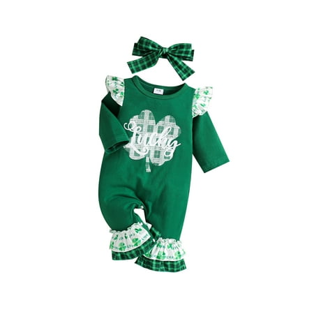 

St. Patrick s Day Infant Baby Girls Romper Outfits Clover Plaid Print Flying Long Sleeve Jumpsuit+ Headband Clothes Set