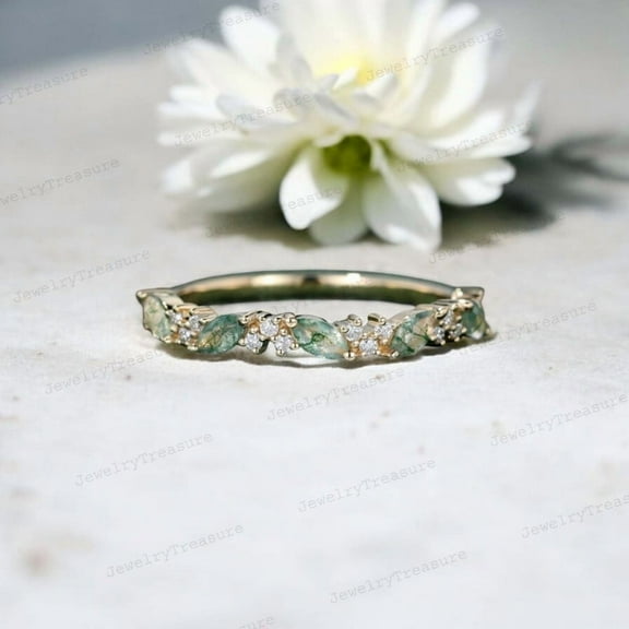 JEWELRYTREASURE Natural Moss Agate Wedding Band Half Eternity Stacking Band Yellow Gold Plated Ring Unique Birthday Gifts